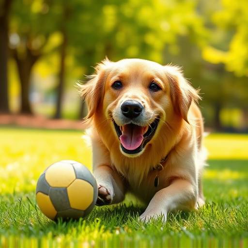 Golden retriever sonriendo jugando con una pelota en un parque soleado