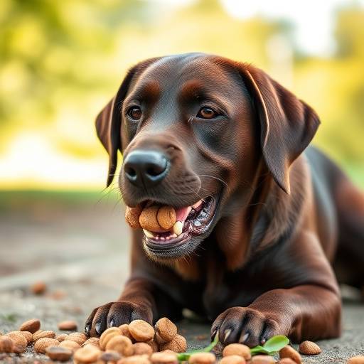 Perro Labrador disfrutando de las croquetas en un entorno exterior