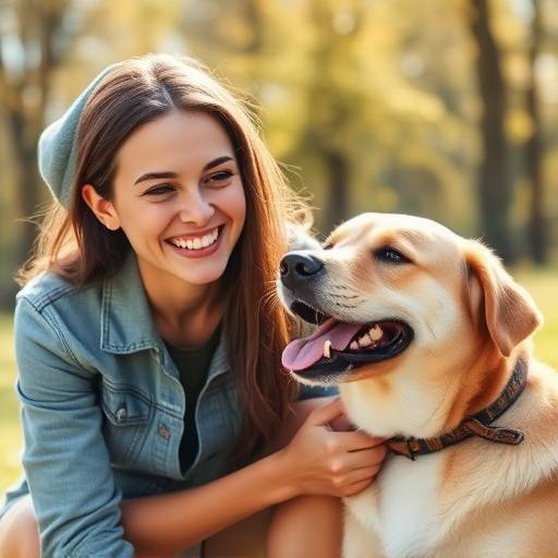 Persona sonriente interactuando con su perro en un entorno natural soleado