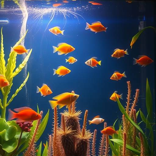 Un acuario bien iluminado con peces tropicales de colores nadando entre plantas acu&aacute;ticas