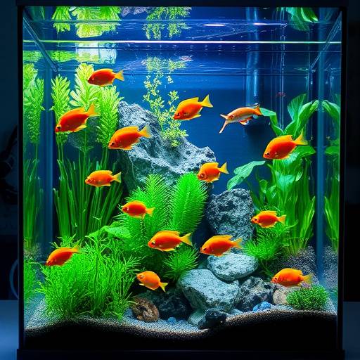 Un acuario moderno con peces tropicales nadando entre plantas y decoraciones.