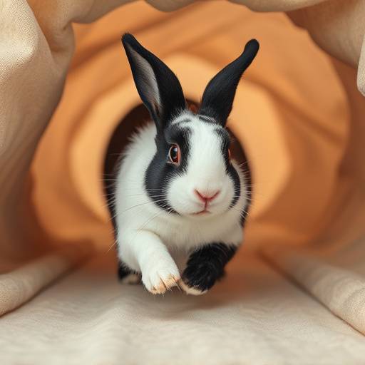 Un conejo blanco y negro corriendo felizmente a trav&eacute;s de un t&uuml;nel de tela.