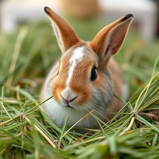 Un conejo enano comiendo heno fresco en su h&aacute;bitat
