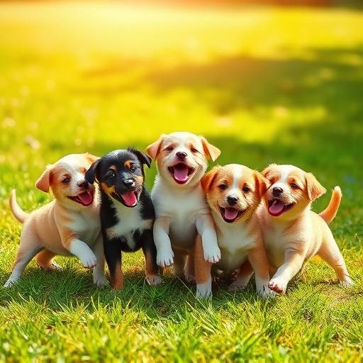 Un grupo de cachorros jugando juntos en el c&eacute;sped