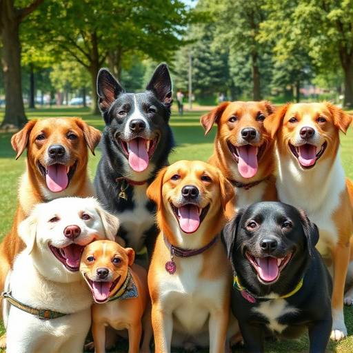 Un grupo diverso de mascotas sonriendo juntas en un parque soleado.