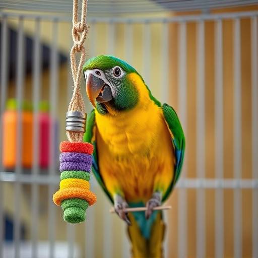 Un loro colorido jugando con un juguete interactivo colgante en su jaula.