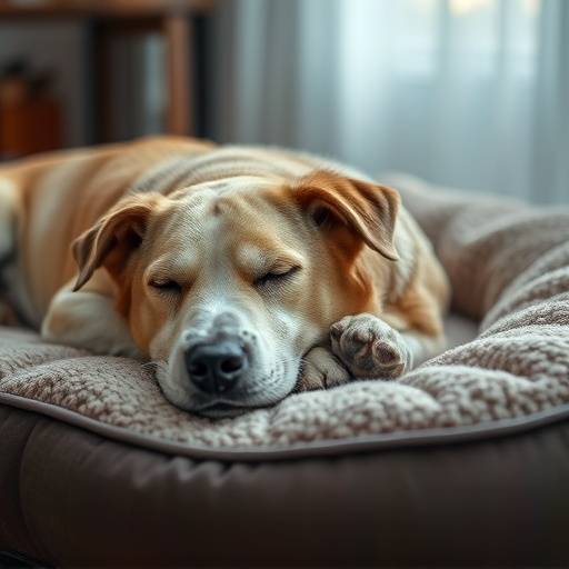 Un perro anciano con artritis durmiendo pl&aacute;cidamente en una cama ortop&eacute;dica mullida.