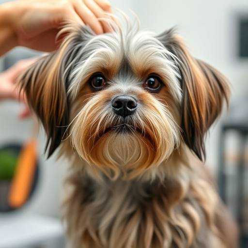 Un perro de pelo largo siendo peinado por su due&ntilde;o