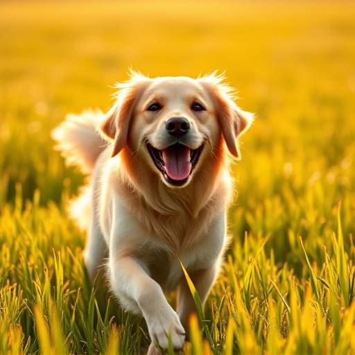 Un perro golden retriever feliz jugando en un campo verde bajo el sol