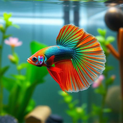 Un pez betta nadando en un acuario bien decorado