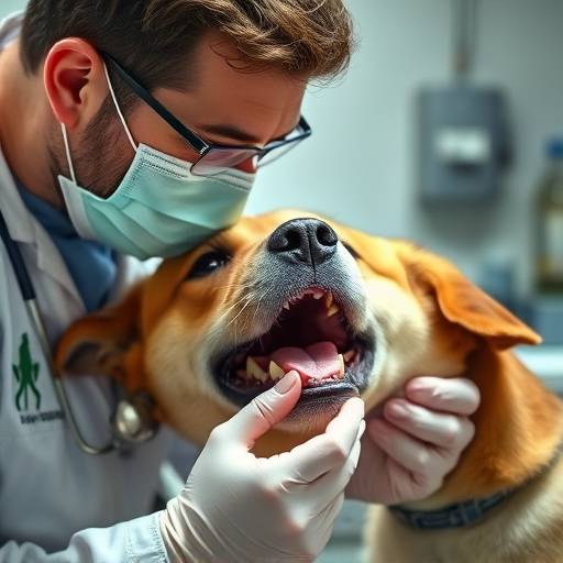 Un veterinario revisando la dentadura de un perro con cuidado