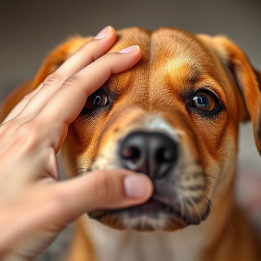 Una mano acariciando suavemente la cabeza de un perro con ojos dulces.