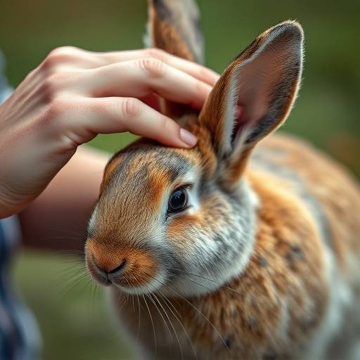 Una persona acariciando suavemente la cabeza de un conejo